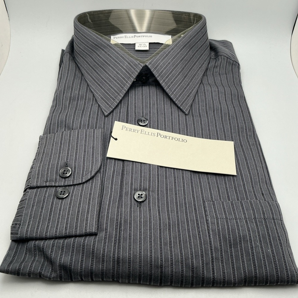 Perry Ellis Portfolio Gray Cotton Stripe Dress Shirt Blue Night‎ 16.5 32/33